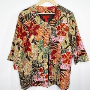 Joni B Womens Button Front Jacket Size 1X Tropical Floral 3/4 Sleeve Ramie Artsy